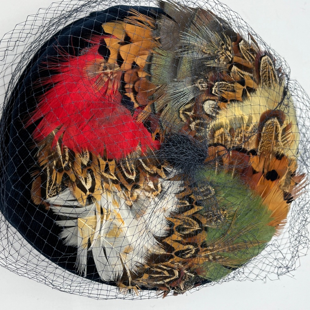 Vintage Union Made Navy Velvet Pillbox Hat Pheasant Feathers Birdcage Veil READ